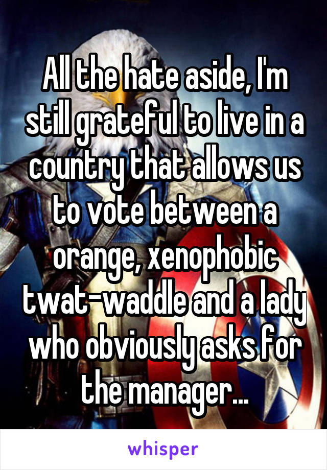 All the hate aside, I'm still grateful to live in a country that allows us to vote between a orange, xenophobic twat-waddle and a lady who obviously asks for the manager...