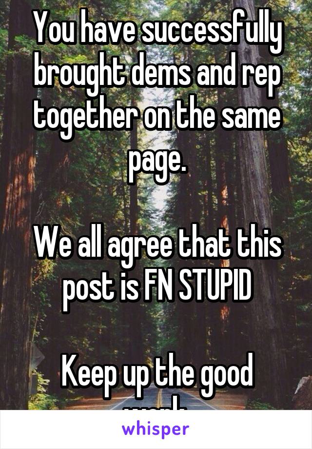 You have successfully brought dems and rep together on the same page.

We all agree that this post is FN STUPID
 
Keep up the good work.