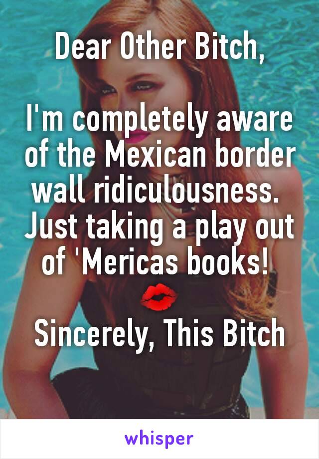 Dear Other Bitch,

I'm completely aware of the Mexican border wall ridiculousness. 
Just taking a play out of 'Mericas books! 
💋
Sincerely, This Bitch