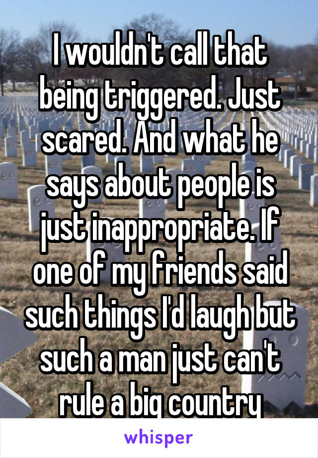 I wouldn't call that being triggered. Just scared. And what he says about people is just inappropriate. If one of my friends said such things I'd laugh but such a man just can't rule a big country