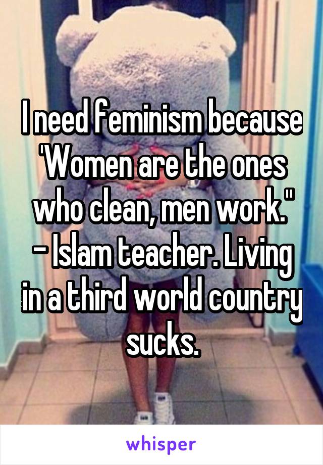 I need feminism because 'Women are the ones who clean, men work."
- Islam teacher. Living in a third world country sucks.