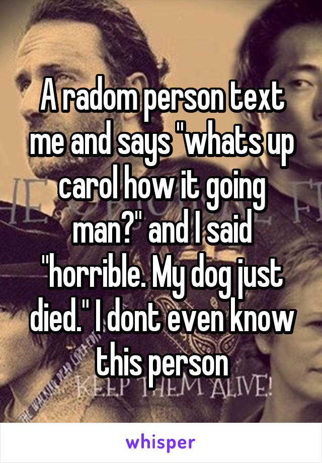 A radom person text me and says "whats up carol how it going man?" and I said "horrible. My dog just died." I dont even know this person