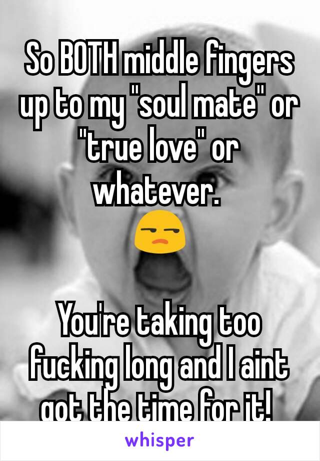 So BOTH middle fingers up to my "soul mate" or "true love" or whatever. 
😒

You're taking too fucking long and I aint got the time for it! 