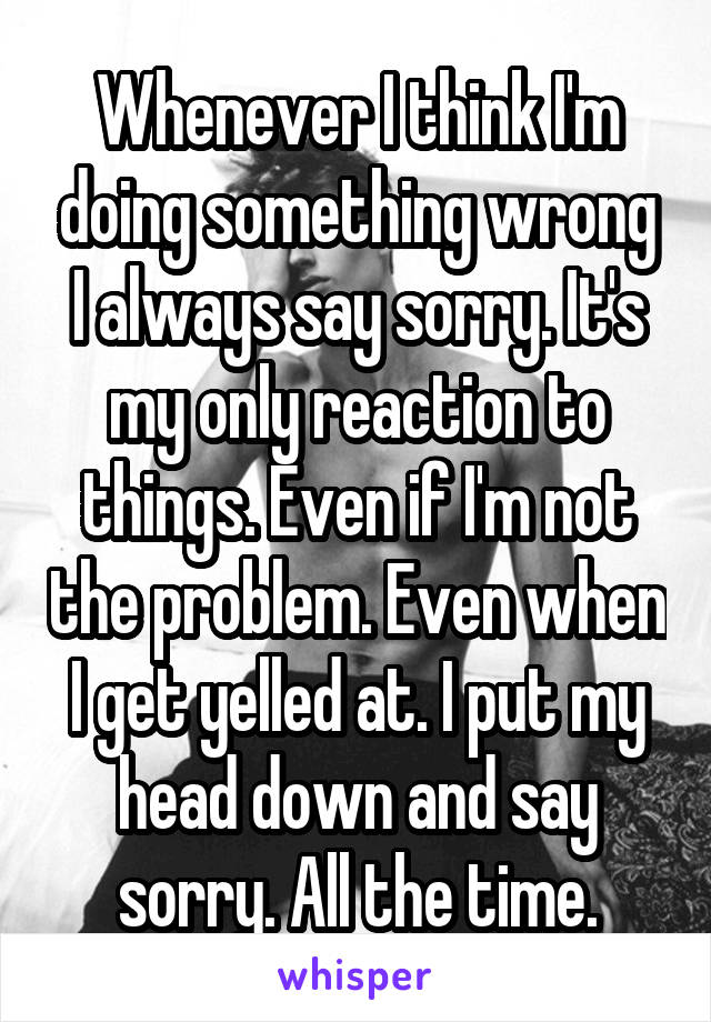 Whenever I think I'm doing something wrong I always say sorry. It's my only reaction to things. Even if I'm not the problem. Even when I get yelled at. I put my head down and say sorry. All the time.