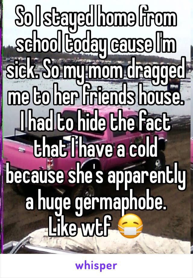 So I stayed home from school today cause I'm sick. So my mom dragged me to her friends house. I had to hide the fact that I have a cold because she's apparently a huge germaphobe. 
Like wtf 😷