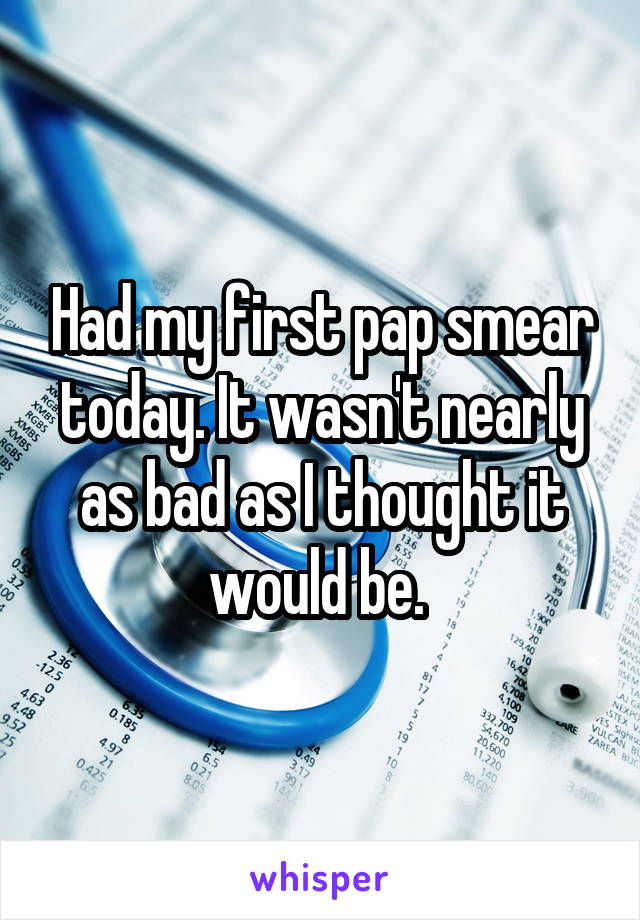 Had my first pap smear today. It wasn't nearly as bad as I thought it would be. 