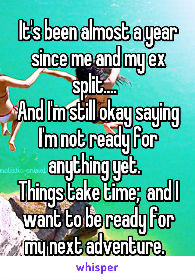 It's been almost a year since me and my ex split....  
And I'm still okay saying I'm not ready for anything yet.  
Things take time;  and I want to be ready for my next adventure.  