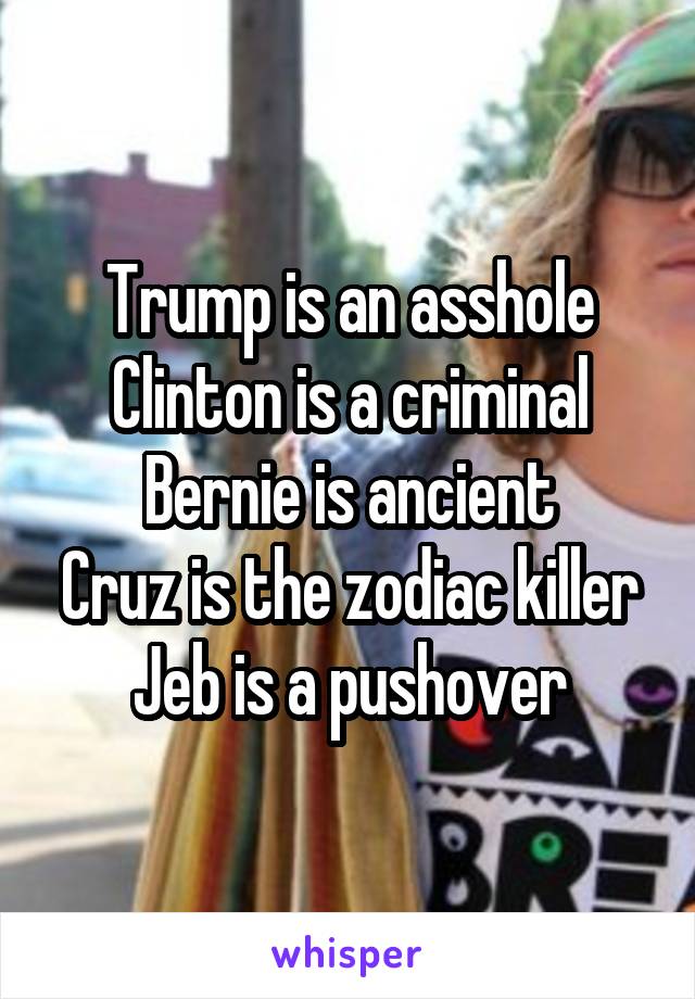 Trump is an asshole
Clinton is a criminal
Bernie is ancient
Cruz is the zodiac killer
Jeb is a pushover