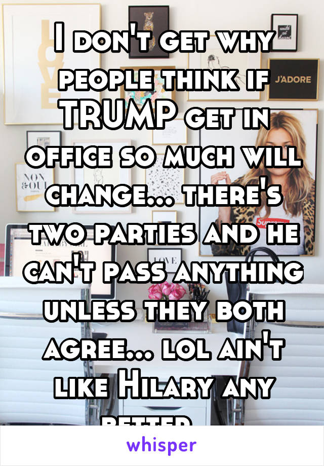 I don't get why people think if TRUMP get in office so much will change... there's two parties and he can't pass anything unless they both agree... lol ain't like Hilary any better... 