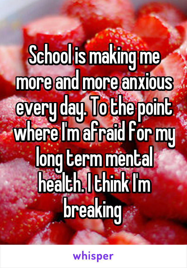 School is making me more and more anxious every day. To the point where I'm afraid for my long term mental health. I think I'm breaking 