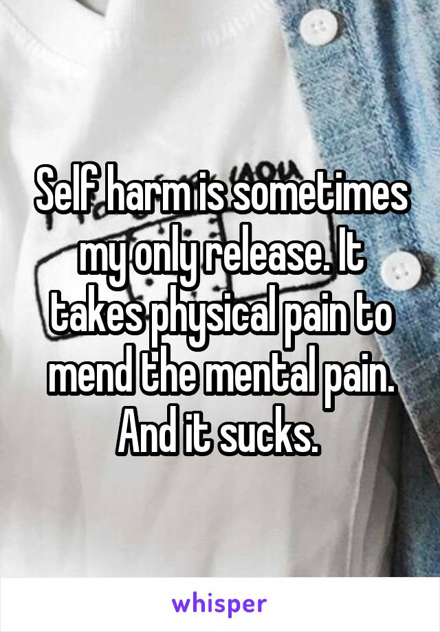 Self harm is sometimes my only release. It takes physical pain to mend the mental pain. And it sucks. 