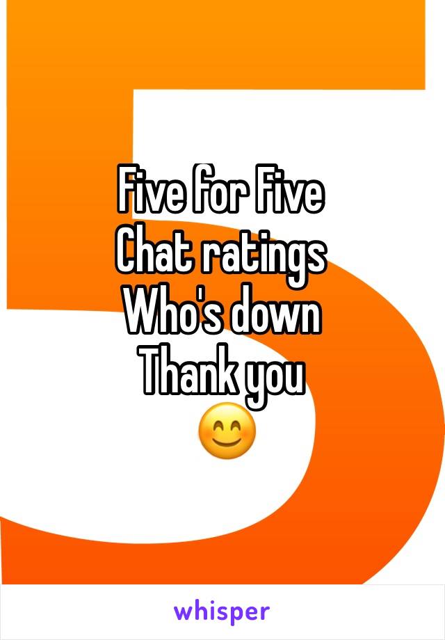 Five for Five
Chat ratings 
Who's down 
Thank you
 😊 