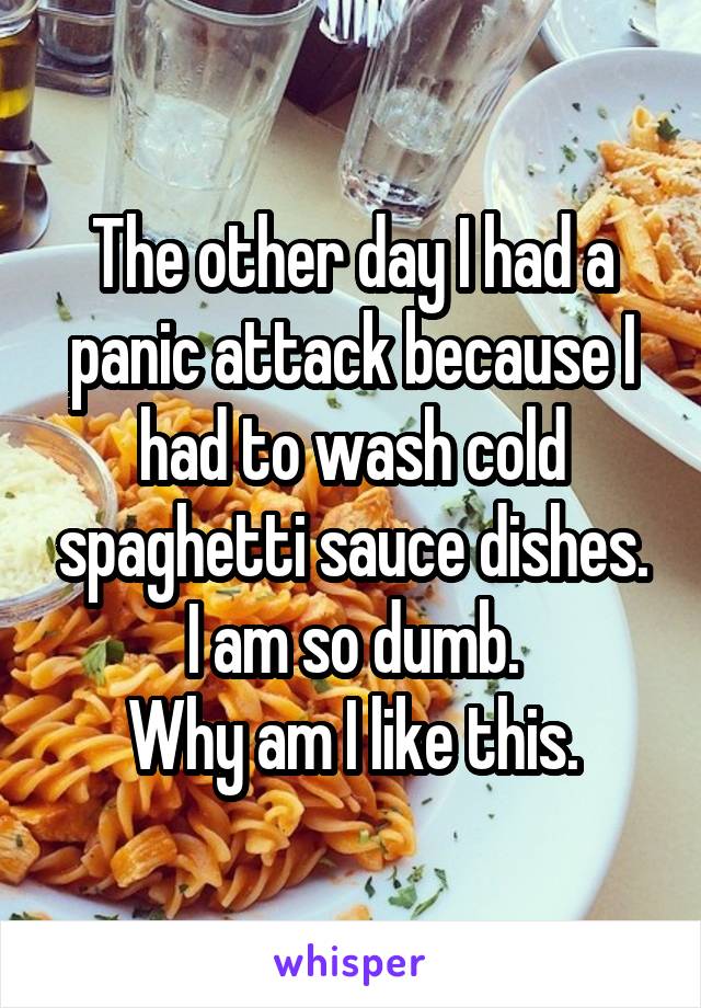 The other day I had a panic attack because I had to wash cold spaghetti sauce dishes.
I am so dumb.
Why am I like this.