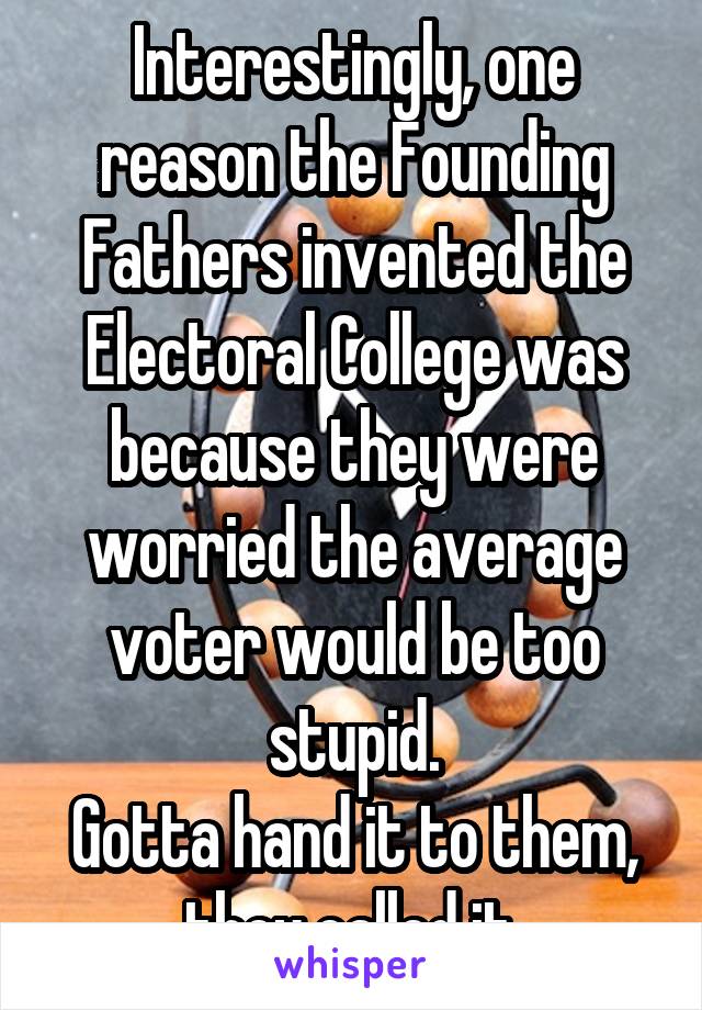 Interestingly, one reason the Founding Fathers invented the Electoral College was because they were worried the average voter would be too stupid.
Gotta hand it to them, they called it.