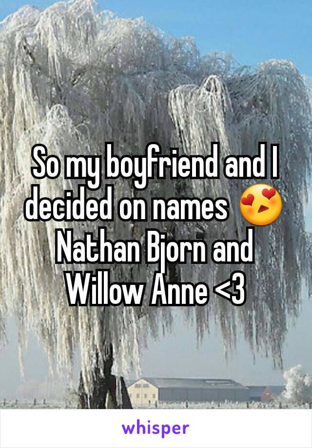 So my boyfriend and I decided on names 😍
Nathan Bjorn and Willow Anne <3