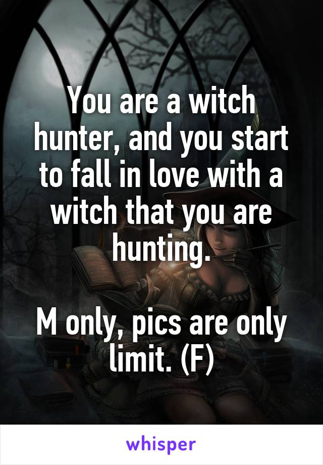 You are a witch hunter, and you start to fall in love with a witch that you are hunting.

M only, pics are only limit. (F)