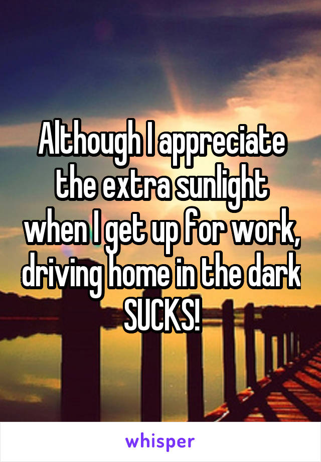 Although I appreciate the extra sunlight when I get up for work, driving home in the dark SUCKS!