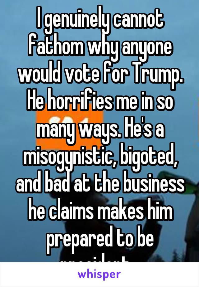 I genuinely cannot fathom why anyone would vote for Trump. He horrifies me in so many ways. He's a misogynistic, bigoted, and bad at the business he claims makes him prepared to be president...