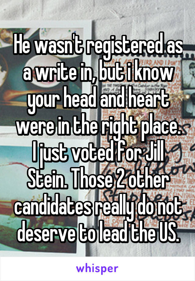 He wasn't registered as a write in, but i know your head and heart were in the right place.
I just voted for Jill Stein. Those 2 other candidates really do not deserve to lead the US.