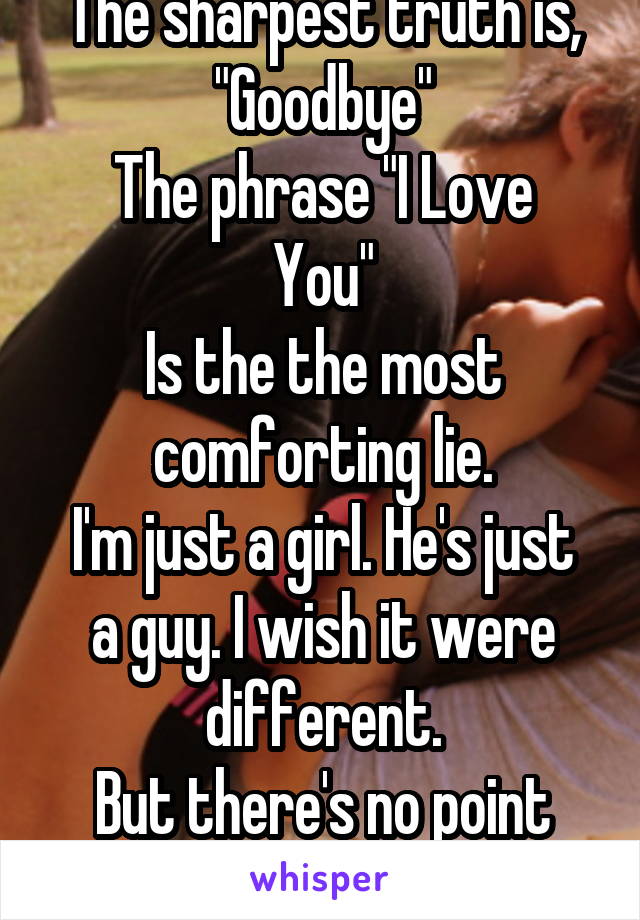 The sharpest truth is, "Goodbye"
The phrase "I Love You"
Is the the most comforting lie.
I'm just a girl. He's just a guy. I wish it were different.
But there's no point asking why.