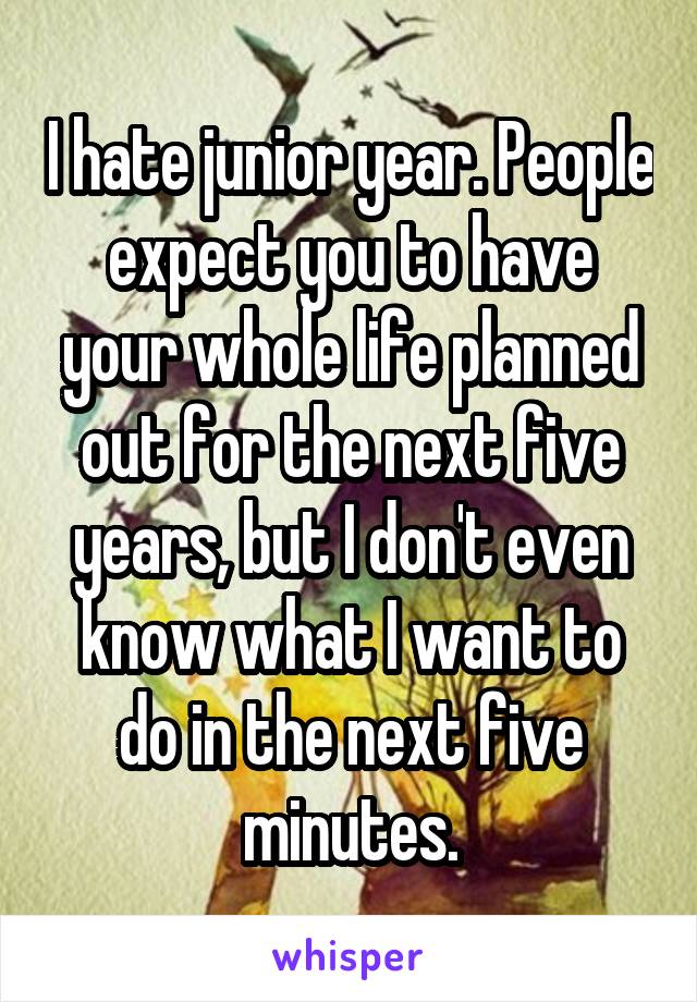 I hate junior year. People expect you to have your whole life planned out for the next five years, but I don't even know what I want to do in the next five minutes.