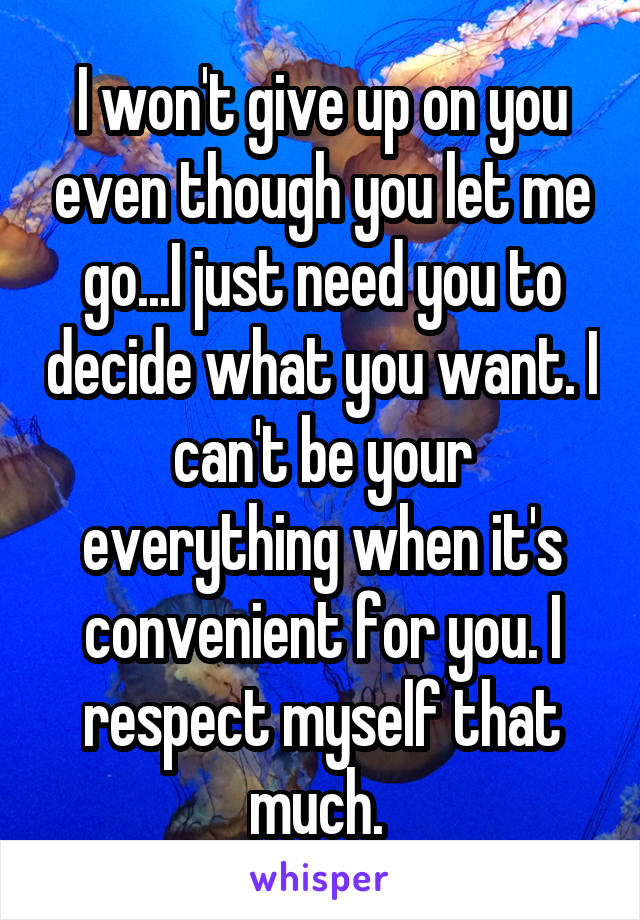 I won't give up on you even though you let me go...I just need you to decide what you want. I can't be your everything when it's convenient for you. I respect myself that much. 