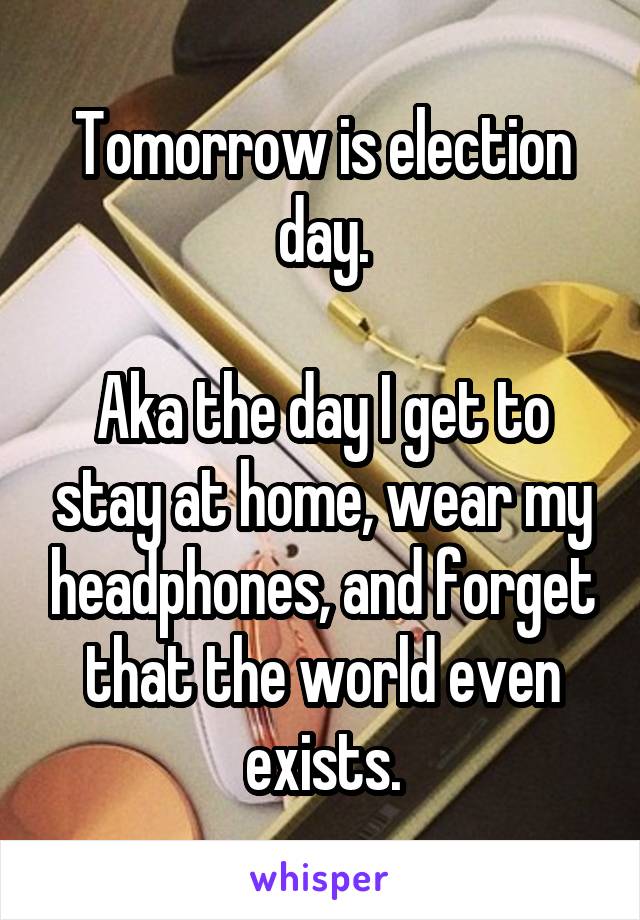 Tomorrow is election day.

Aka the day I get to stay at home, wear my headphones, and forget that the world even exists.