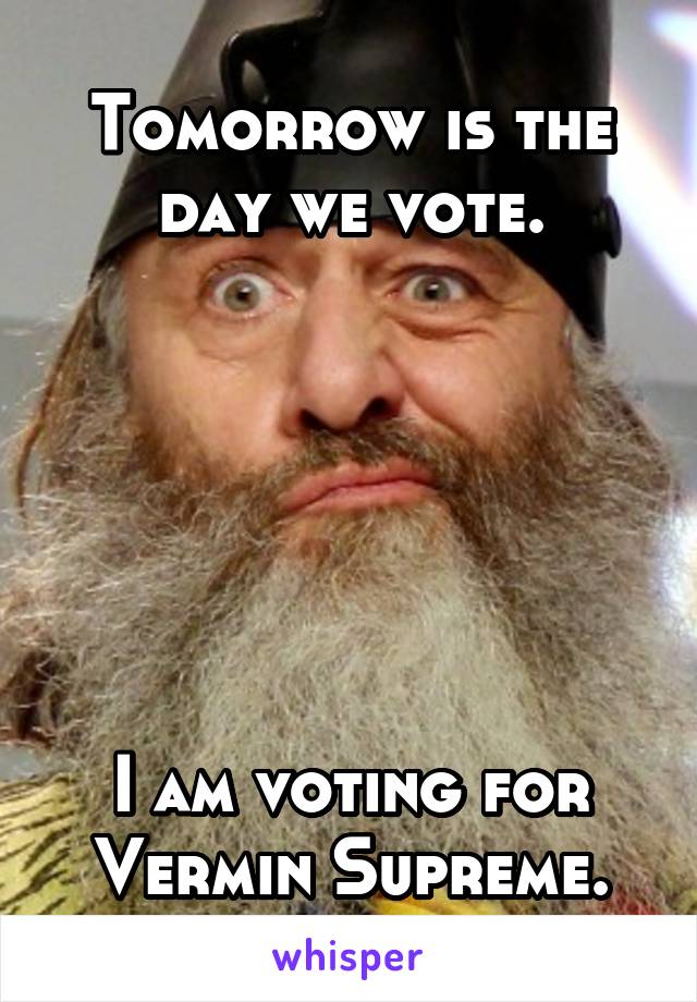 Tomorrow is the day we vote.






I am voting for Vermin Supreme.