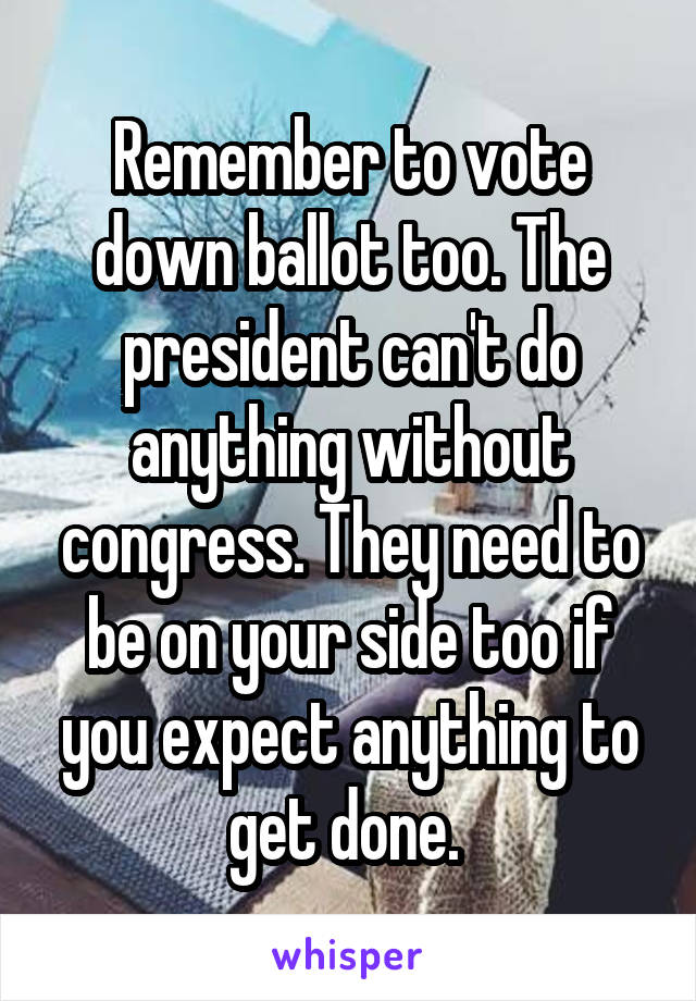 Remember to vote down ballot too. The president can't do anything without congress. They need to be on your side too if you expect anything to get done. 