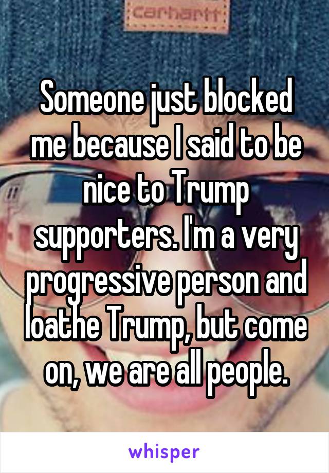 Someone just blocked me because I said to be nice to Trump supporters. I'm a very progressive person and loathe Trump, but come on, we are all people.