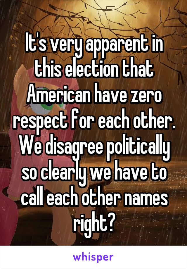 It's very apparent in this election that American have zero respect for each other. We disagree politically so clearly we have to call each other names right?