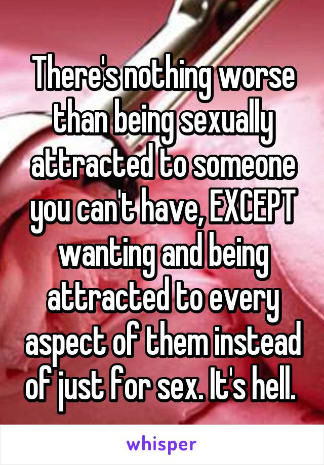 There's nothing worse than being sexually attracted to someone you can't have, EXCEPT wanting and being attracted to every aspect of them instead of just for sex. It's hell. 