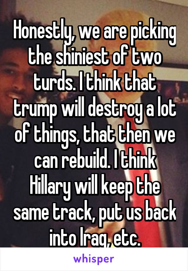 Honestly, we are picking the shiniest of two turds. I think that trump will destroy a lot of things, that then we can rebuild. I think Hillary will keep the same track, put us back into Iraq, etc.