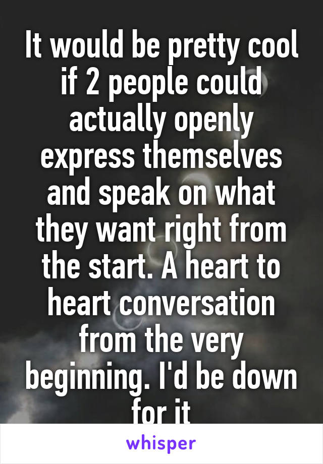 It would be pretty cool if 2 people could actually openly express themselves and speak on what they want right from the start. A heart to heart conversation from the very beginning. I'd be down for it