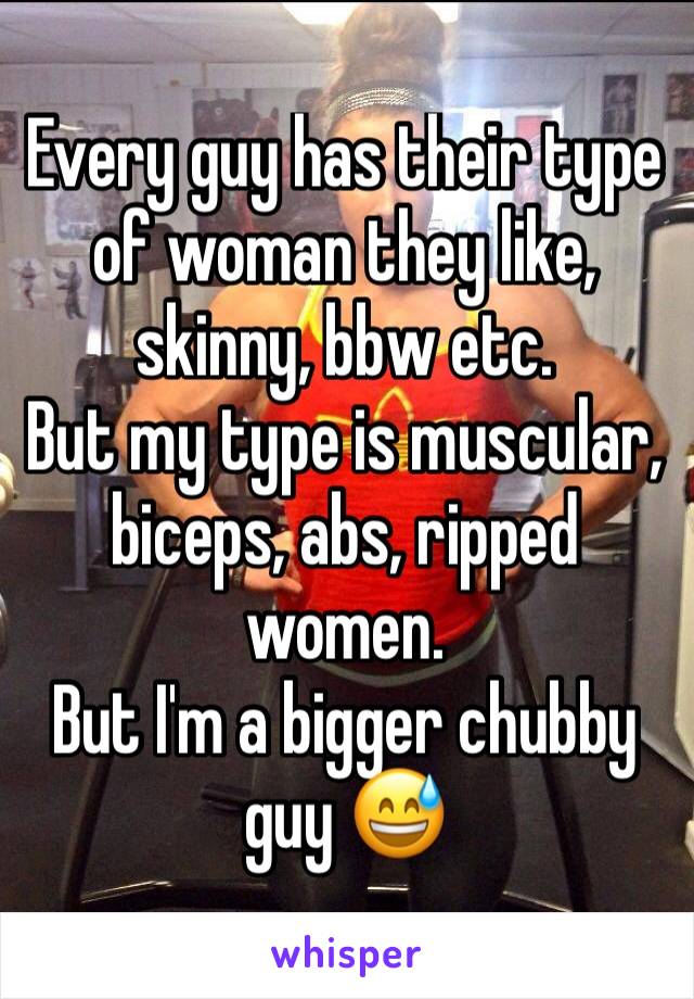Every guy has their type of woman they like, skinny, bbw etc.
But my type is muscular, biceps, abs, ripped women.
But I'm a bigger chubby guy 😅