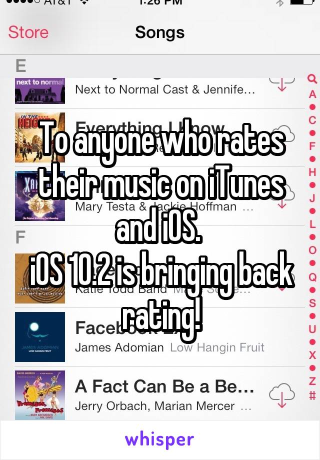 To anyone who rates their music on iTunes and iOS. 
iOS 10.2 is bringing back rating!