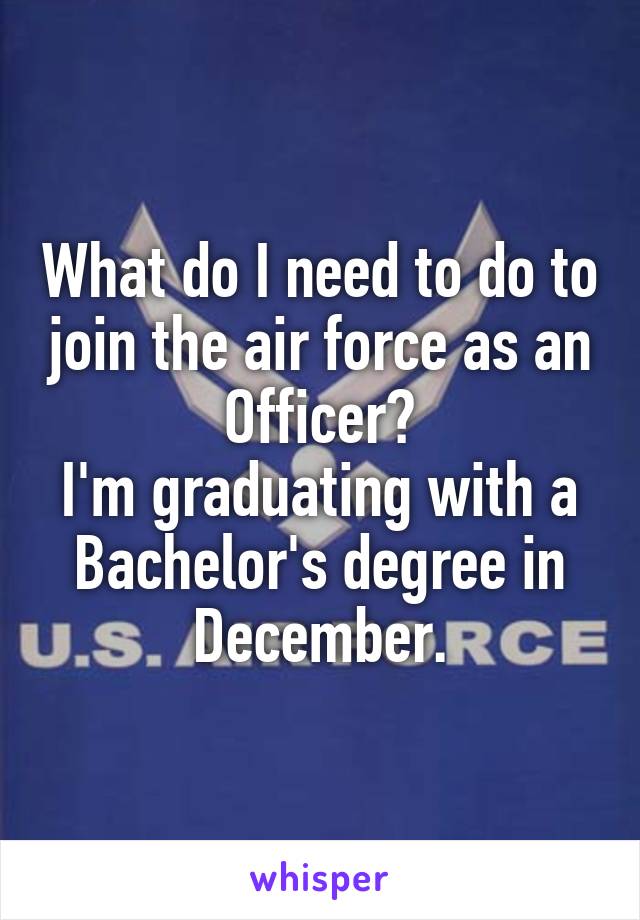 What do I need to do to join the air force as an Officer?
I'm graduating with a Bachelor's degree in December.