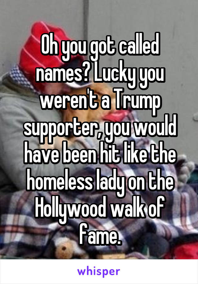 Oh you got called names? Lucky you weren't a Trump supporter, you would have been hit like the homeless lady on the Hollywood walk of fame.