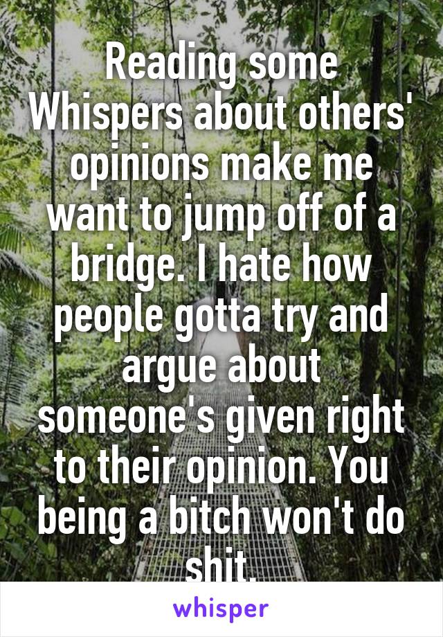 Reading some Whispers about others' opinions make me want to jump off of a bridge. I hate how people gotta try and argue about someone's given right to their opinion. You being a bitch won't do shit.