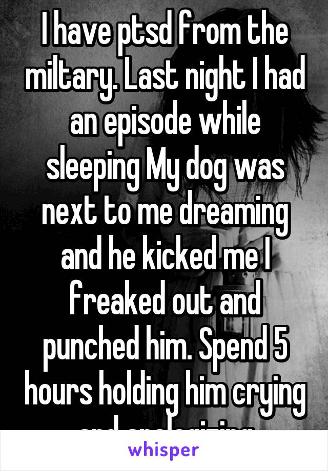 I have ptsd from the miltary. Last night I had an episode while sleeping My dog was next to me dreaming and he kicked me I freaked out and punched him. Spend 5 hours holding him crying and apologizing