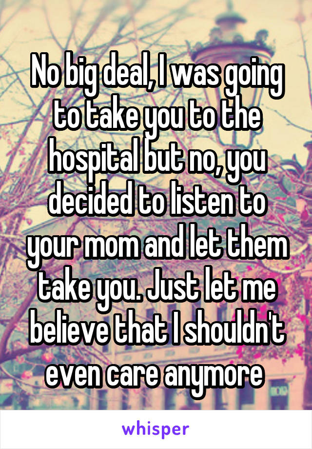 No big deal, I was going to take you to the hospital but no, you decided to listen to your mom and let them take you. Just let me believe that I shouldn't even care anymore 