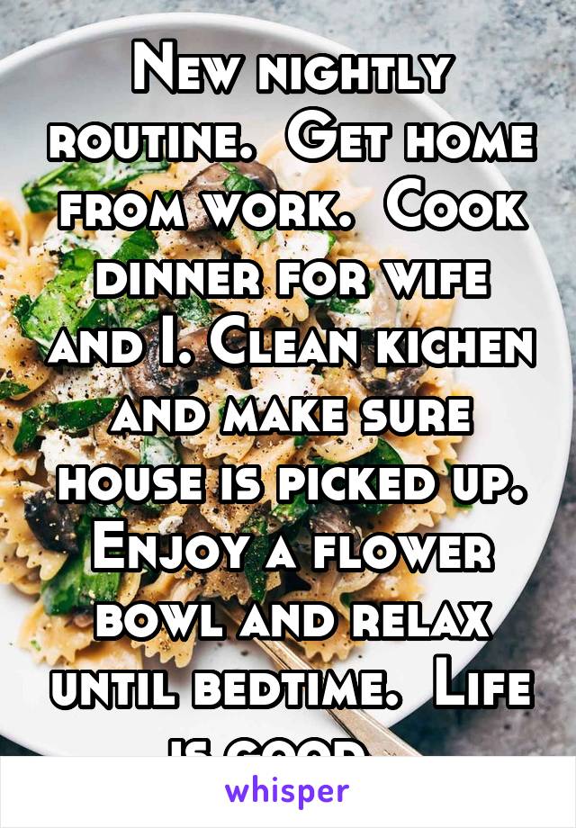 New nightly routine.  Get home from work.  Cook dinner for wife and I. Clean kichen and make sure house is picked up. Enjoy a flower bowl and relax until bedtime.  Life is good.  