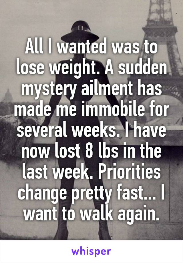 All I wanted was to lose weight. A sudden mystery ailment has made me immobile for several weeks. I have now lost 8 lbs in the last week. Priorities change pretty fast... I want to walk again.