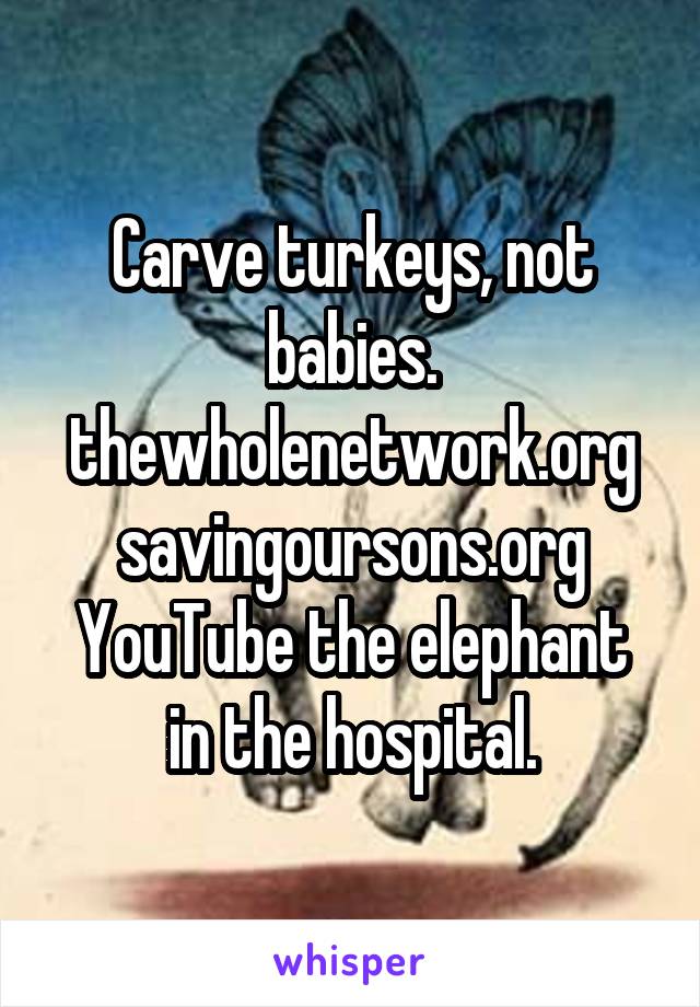 Carve turkeys, not babies.
thewholenetwork.org
savingoursons.org
YouTube the elephant in the hospital.