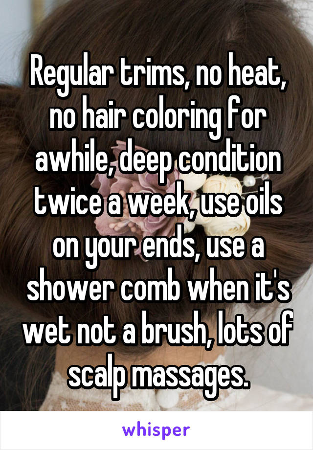 Regular trims, no heat, no hair coloring for awhile, deep condition twice a week, use oils on your ends, use a shower comb when it's wet not a brush, lots of scalp massages.