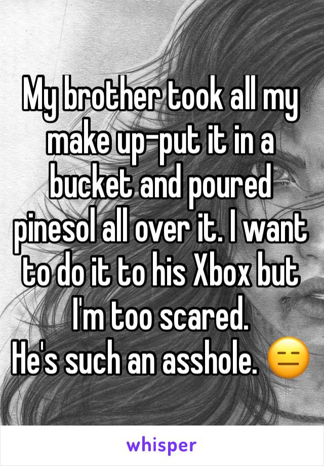 My brother took all my make up-put it in a bucket and poured pinesol all over it. I want to do it to his Xbox but I'm too scared. 
He's such an asshole. 😑