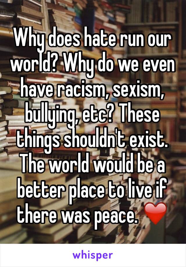 Why does hate run our world? Why do we even have racism, sexism, bullying, etc? These things shouldn't exist. The world would be a better place to live if there was peace. ❤️