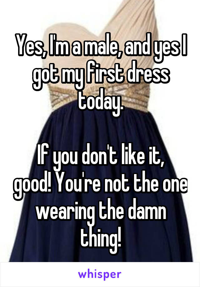 Yes, I'm a male, and yes I got my first dress today.

If you don't like it, good! You're not the one wearing the damn thing!