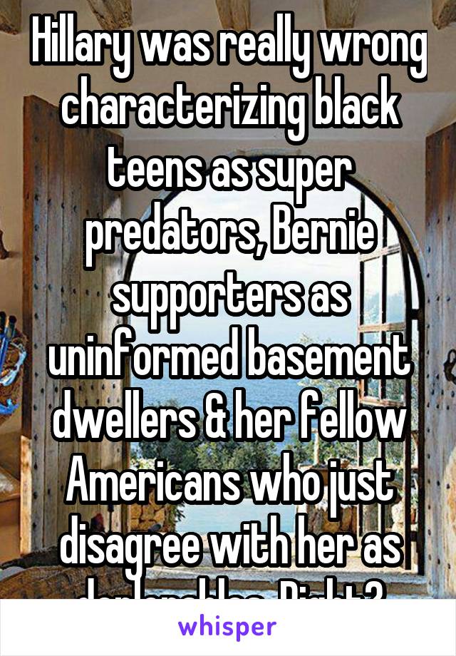 Hillary was really wrong characterizing black teens as super predators, Bernie supporters as uninformed basement dwellers & her fellow Americans who just disagree with her as deplorables. Right?