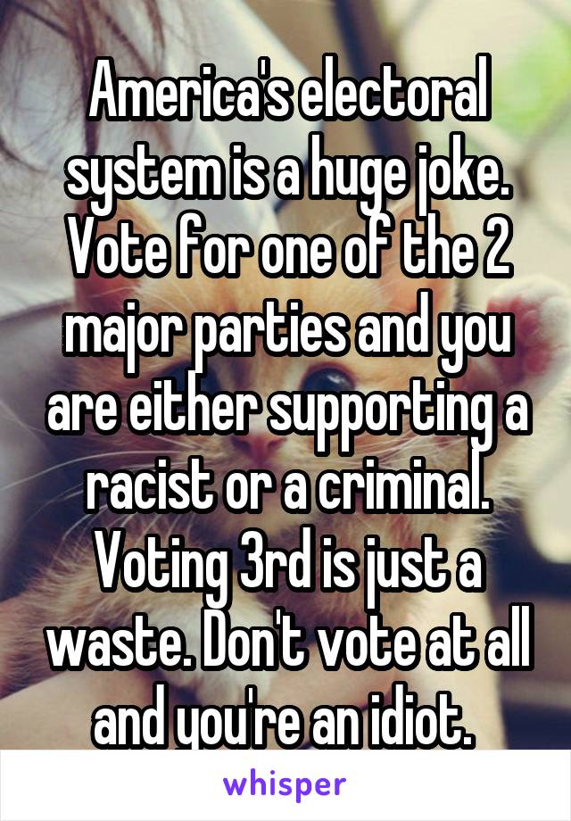 America's electoral system is a huge joke. Vote for one of the 2 major parties and you are either supporting a racist or a criminal. Voting 3rd is just a waste. Don't vote at all and you're an idiot. 
